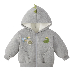 [抗菌远红外]男宝外套儿童秋冬恐龙萌趣加绒连帽上衣开衫男童卫衣