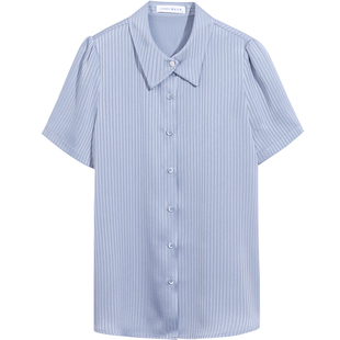 蓝灰色雪纺衬衫女短袖2026夏季新款职业休闲条纹精致法式气质商务