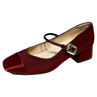 羊皮版sanjuan三卷红色单鞋女粗跟中跟婚鞋子温柔气质玛丽珍女鞋