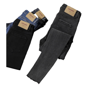 深灰色牛仔裤女2025秋冬新款高腰修身显瘦烟灰色冬季加绒小脚裤子