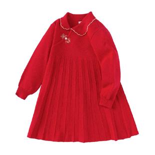 巴拉巴拉女童新中式针织连衣裙2025春装新款红色百褶公主拜年裙子