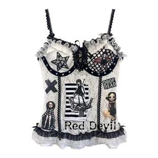 【AGD】RedDevil黑白remake亚文化贴布朋克小众吊带蕾丝上衣辣妹
