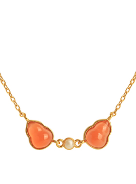 水红色天然南红纯银葫芦中式项链