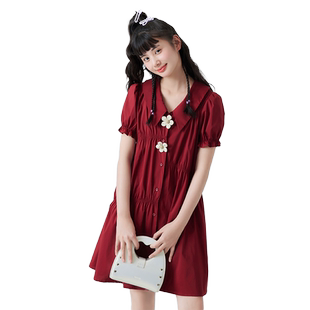 紫涵翻领A字连衣裙夏季新款泡泡袖撞色抽褶娃娃裙中长裙甜美休闲