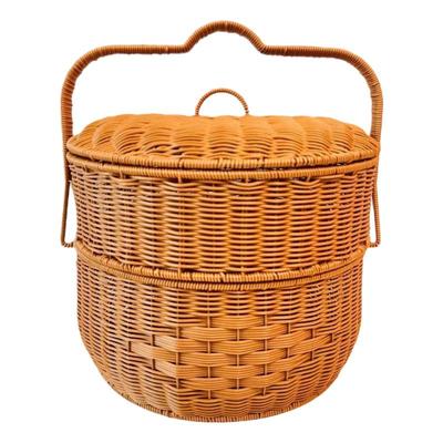 手工编织圆形双层拜祖公篮子拜篮隔层收纳筐喜事拜神用祭祖