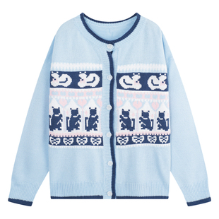 YUZI鱼子针织开衫韩系童趣减龄特大码秋冬女蓝色撞色毛衣外套气质