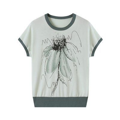 恒源祥妈妈夏装薄款短袖T恤中老年印花洋气上衣桑蚕丝针织衫圆领