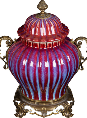 贵夫人铜镶瓷窑变红色釉配铜柏树卷草将军罐景德镇瓷器茶叶罐摆件