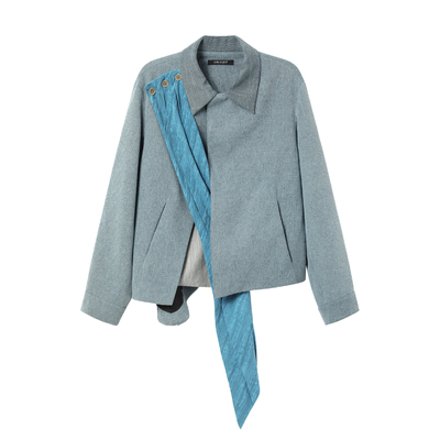 芸蚁〔蓝莲花〕多形态北极蓝棉麻混纺错落裁剪丝巾结构夹克外套