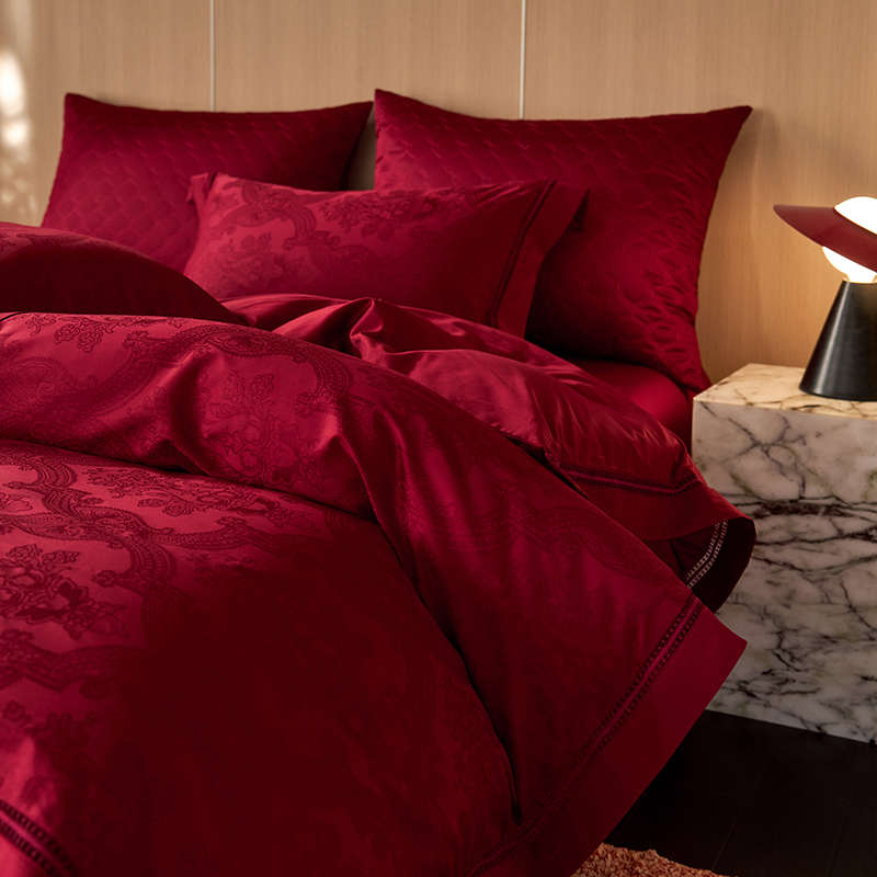 高奢风~100S婚庆大红色全棉长绒棉提花结婚四件套纯棉被套床单款