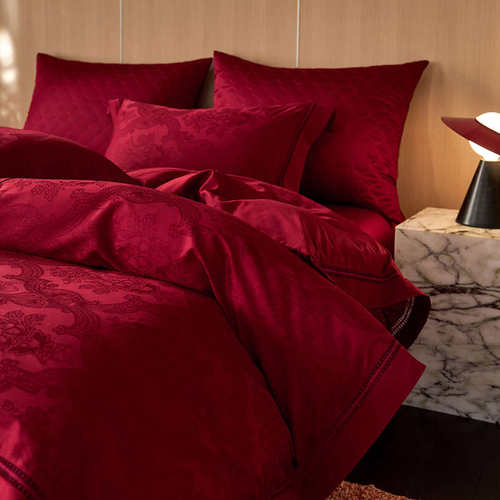 高奢风~100S婚庆大红色全棉长绒棉提花结婚四件套纯棉被套床单款