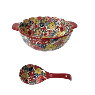 欧式食品级高温釉下彩家用碗耳朵陶瓷双耳汤碗泡面碗带勺汤碗餐具