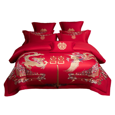 新婚庆四件套大红色纯棉刺绣被套