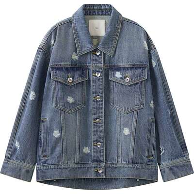 播 bo商场同款复古水洗破洞宽松牛仔短外套女26春新款BDT1WD2159