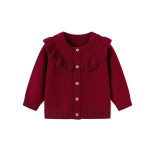 babylove女宝宝开衫秋冬毛衣羊毛针织保暖上衣婴幼儿新年红色外套