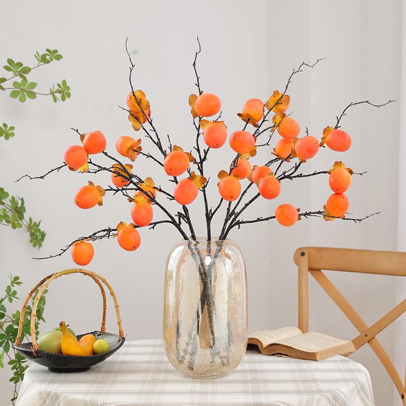 高端挂霜仿真柿子枝花福配假家居装饰发财年宵插花桶花摆件果材