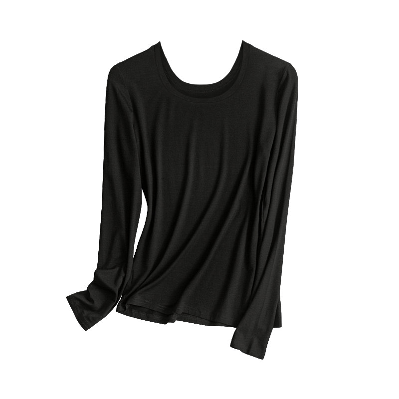 黑色大圆领上衣女长袖春秋冬内搭U领打底衫修身秋衣莫代尔纯色T恤