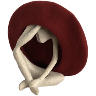 颜小姐/贝雷帽女羊毛呢女士秋冬贝雷帽冬款复古波多尔酒红贝雷帽