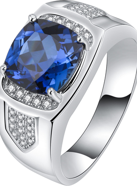 纯银镀金镶嵌蓝宝石戒指男
