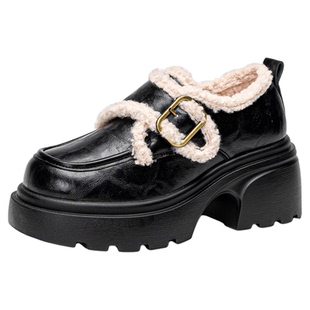 依思q加绒乐福鞋女款厚底增高2025冬一脚蹬保暖棉鞋小个子小皮鞋