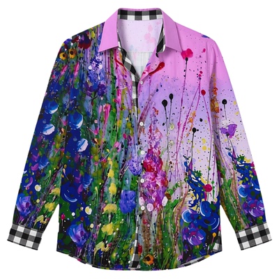 Printed collar single breasted sleeved shirt印花翻领短袖衬衫