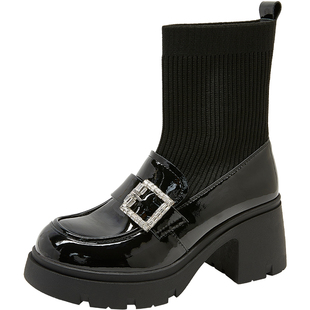 康莉厚底乐福弹力袜靴女25年冬新款复古方扣袜子鞋黑色连袜靴短靴