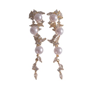 《金珠玉露》法式复古宫廷风高级感满钻锆石珍珠长款流苏耳环耳夹