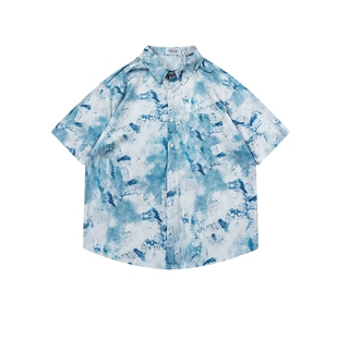 悟空有货潮牌扎染渐变休闲短袖衬衫男女夏季宽松夏威夷风沙滩衬衣