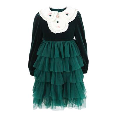 ULLU优露童装女童长袖连衣裙24冬款钉珠翻领丝绒拼网纱公主蛋糕裙