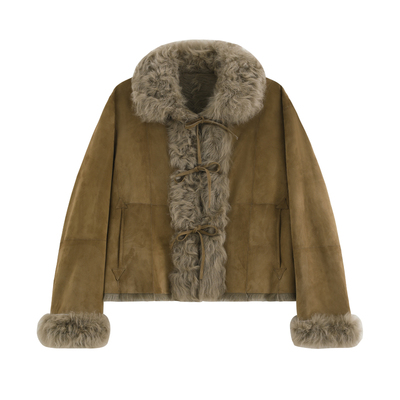 复古麂皮反绒系带皮草外套