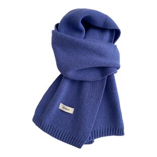 CKDH冰川蓝100%澳洲纯羊毛针织围巾女冬季保暖防寒纯色围脖送礼男