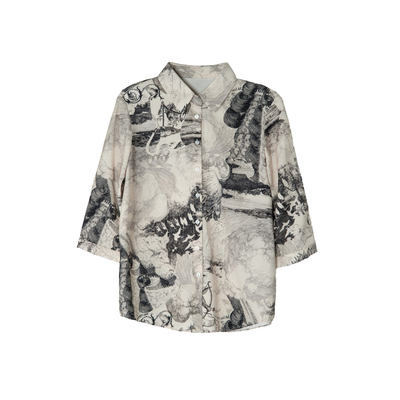 谜底花色衬衫七分袖女2025夏季新款复古风合体百搭衬衣256MC6220