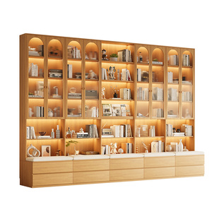 2026新款客厅带玻璃门实木书柜书架一体整墙落地家用储物展示柜子