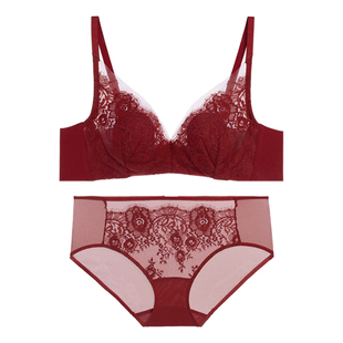 爱慕光羽蕾丝红色花瓣内衣女薄杯隐孔蕾丝大胸显小文胸内裤套装