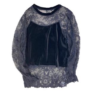 欧货蕾丝打底衫假两件丝绒拼接镂空设计感灯笼袖女宽松长款打底衣
