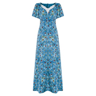 糯米子[蓝野花踪]蓝色连衣裙女春夏碎花长裙胖mm大码海边绝美裙子