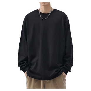 XAKA 260g重磅纯棉长袖t恤男士纯色宽松春季圆领卫衣白色打底衫潮