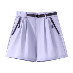 班尼路紫色速干工装短裤女夏新款小个子高腰显瘦宽松休闲五分裤Q