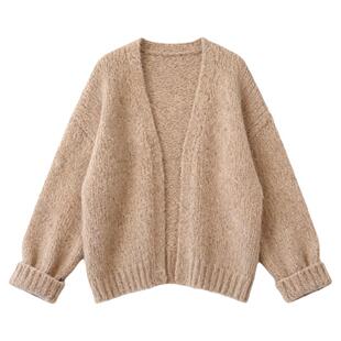 温柔纯欲微胖慵懒卡其色针织开衫女秋冬软糯加厚粗针毛衣外套休闲