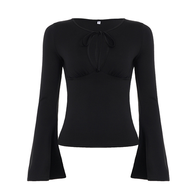 WEEKEEP 辣妹纯色性感镂空圆领系带长袖T恤百搭简约修身打底上衣