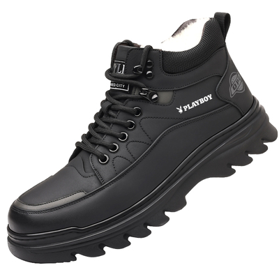 花花公子羊毛加绒高帮棉鞋男真皮