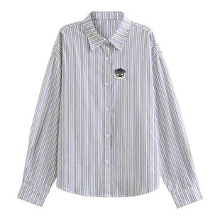 森女部落甜美风百搭宽松纯棉条纹衬衫女新款可爱猫咪刺绣长袖上衣