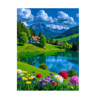 乡村田园山水自粘画风景贴纸