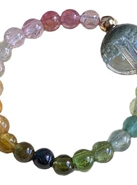 OkFineyard天然彩虹碧玺绿幽灵戒指女聚宝盆招财指环水晶串珠尾戒