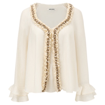 SHROENRO重工织带木耳边V领小衫