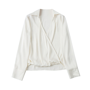 缎面仿真丝衬衫  春秋新款外贸女时尚翻交叉V领套头长袖衬衫33541