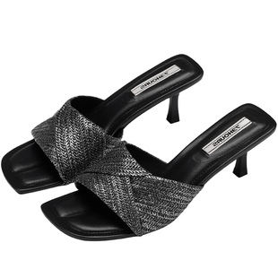 73hours女鞋艺术摇滚夏季新款一字带凉鞋方头细高跟拖鞋女外穿