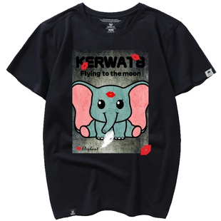 KERWATS潮牌卡通小飞象t恤男短袖肥佬胖子宽松上衣半袖黑色打底衫