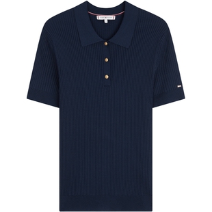 Tommy春夏女装优雅休闲通勤肌理感金属扣POLO修身翻领短袖针织衫
