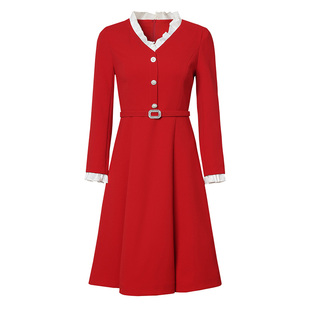 海青蓝 红色连衣裙女2025新款冬时尚气质花边圆领好看漂亮女装裙